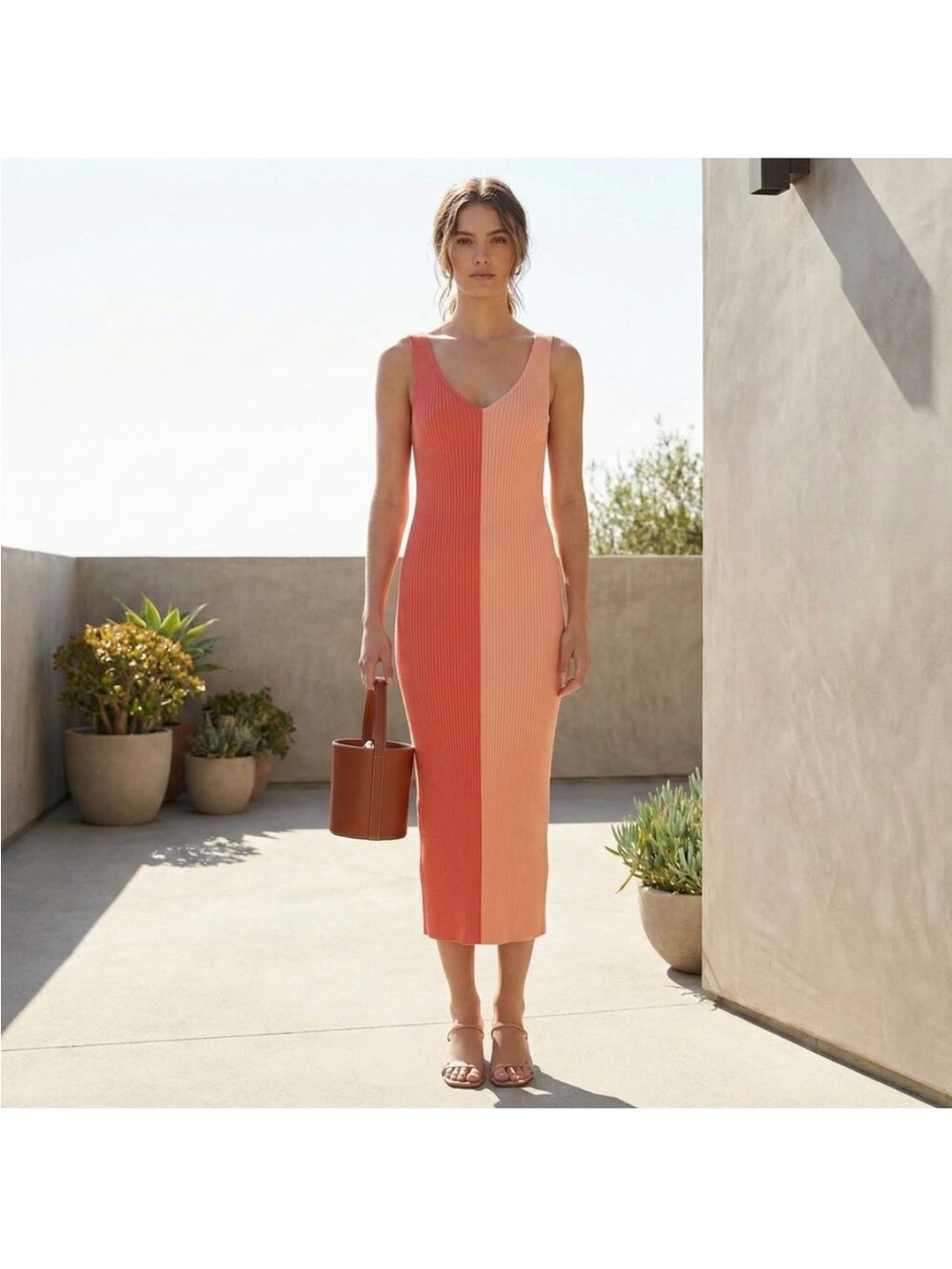 STAUD Two-Tone Ribbed Midi Dress in Coral and Peach